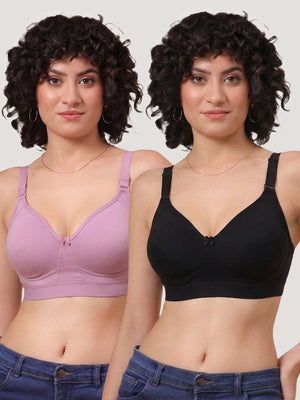 Kalyani Ashley Double Layered Seamless Cups Full Coverage Cotton Lycra Bra | Pack of 2 |ONION BLACK