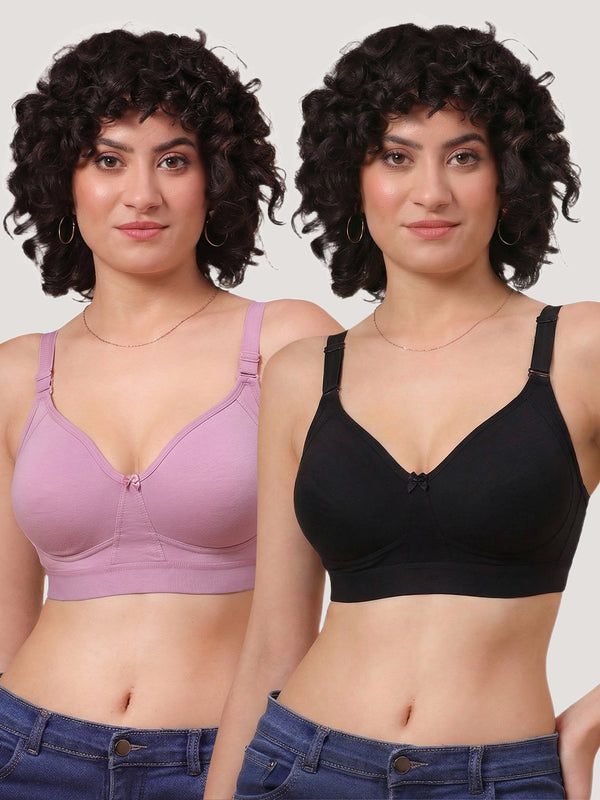 Kalyani Ashley Double Layered Seamless Cups Full Coverage Cotton Lycra Bra | Pack of 2 |ONION BLACK