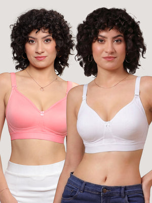 Kalyani Ashley Double Layered Seamless Cups Full Coverage Cotton Lycra Bra | Pack of 2 |ROSE WHITE