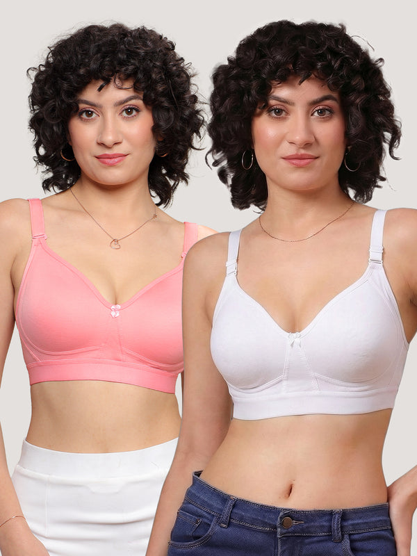 Kalyani Ashley Double Layered Seamless Cups Full Coverage Cotton Lycra Bra | Pack of 2 |ROSE WHITE