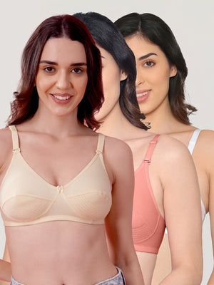 Pranika Non Padded Seamed Everyday Bra | Pack of 3 SKIN ROSE WHITE