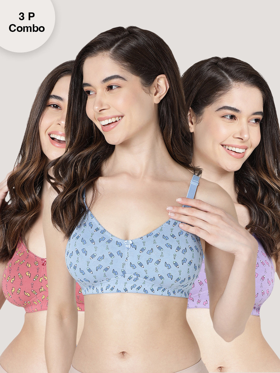 Kalyani MINERVA Non Padded, Non Wired Full Coverage Cotton Printed Everyday  Bra For Women with Seamed/Cut & Sew Cups ( Pack Of 3 Assorted ) –  kalyaniinnerwear